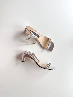 SERGIO ROSSI SR1 Silver Snake Leather Crystal Studded Block Sandals, Size 40.5